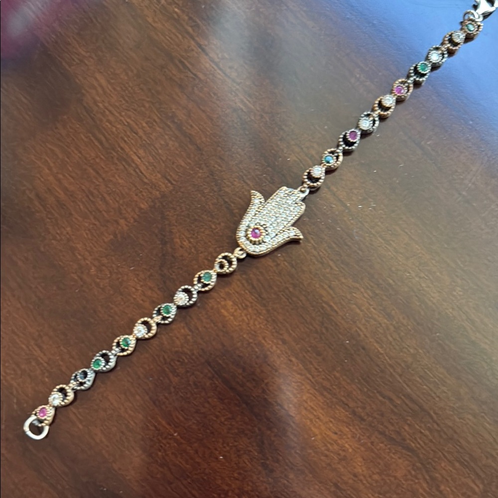 Hamsa  Sterling Silver Elegant Gold Tone Bracelet with Multicolor Stones